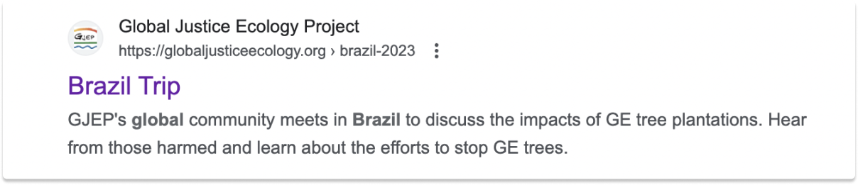 Good search results showing the client's Brazil trip meta descripiton. It reads GJEP's global community meets in Brazil to discuss the impacts of GE tree plantations. Hear from those harmed and learn about the efforts to stop GE trees